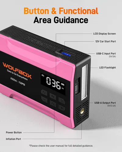 Miniatura 8 de WOLFBOX Arrancador de salto de 2000 A con compresor de aire, 37 Wh para batería de automóvil portátil (hasta motor de gas de 5 litros), paquete