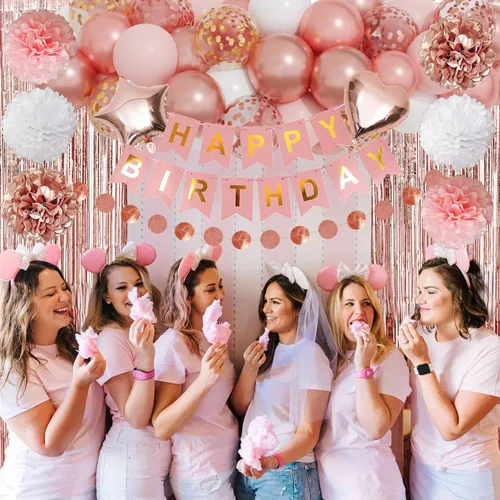 Miniatura 6 de Kit de decoración de fiesta de cumpleaños de oro rosa para mujeres y niñas, confeti de oro rosa, globos de feliz cumpleaños rosa, cortinas
