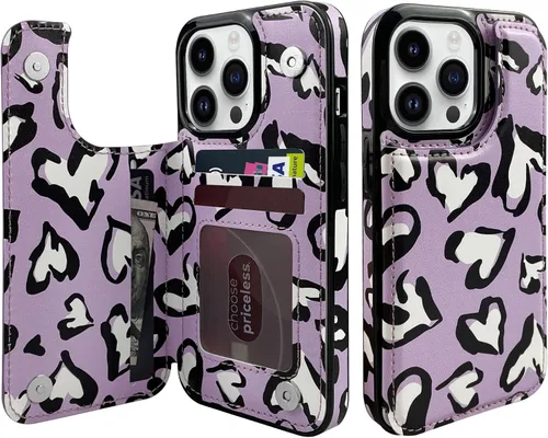Miniatura 9 de Funda de piel con tapa para tarjetas compatible con iPhone 13 Pro de 6.1 pulgadas, para mujeres y niñas con tarjetero con función atril, doble