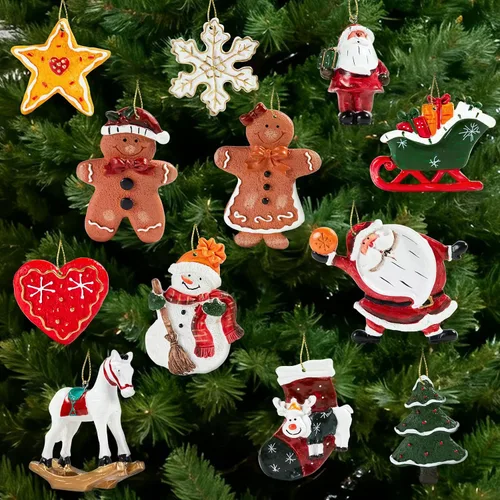 Miniatura 8 de Juego de 12 adornos grandes de Navidad, decoraciones colgantes de resina para árbol de Navidad, figuras surtidas de Papá Noel, muñeco de nieve