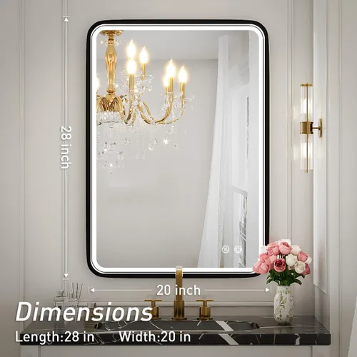 Miniatura 7 de Espejo de baño LED de 20 x 28 pulgadas con luces, marco de metal negro, espejo de tocador iluminado para pared, espejo LED regulable de 3000 K/4500