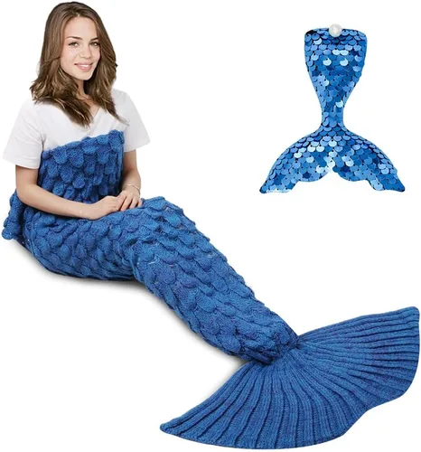 Miniatura 9 de AmyHomie Manta de cola de sirena, manta para niños, saco de dormir de sirena de ganchillo, regalo de sirena para niñas (azul claro, niños)