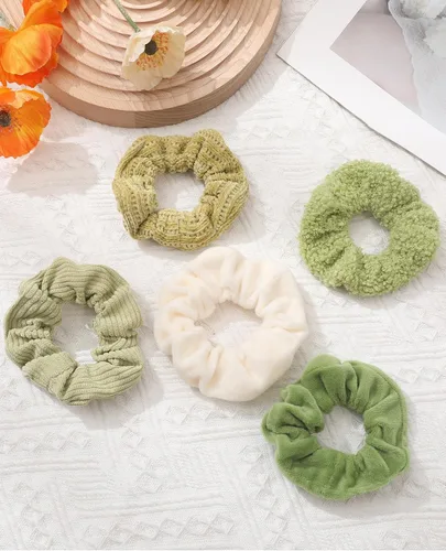 Miniatura 7 de 5 piezas de coleteros peludos - Coleteros elásticos para el cabello, bandas para el cabello para coleta, accesorios para el cabello para mujeres