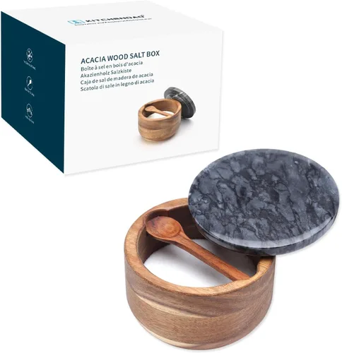 KITCHENDAO Cuenco grande de sal de acacia con cuchara integrada y tapa de mármol, recipiente de sal marina de baño de madera de acacia natural Negro