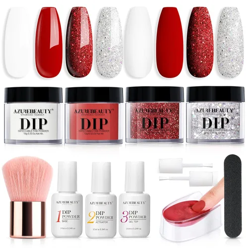 Miniatura 13 de AZUREBEAUTY Kit de iniciación de uñas en polvo de inmersión, 4 colores con purpurina rosa suave, arte de uñas francés, con capa base, capa superior