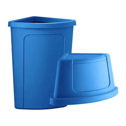 Cubo de basura escolar con tapa de puerta de empuje, cubo de basura redondo de esquina de 21 galones, resistente a las grietas, bote de basura Azul