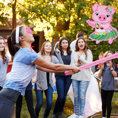 Miniatura 5 de Threan Piñata de cerdo pequeño, Aloha Luau, decoraciones de fiesta, piñata de cerdo rosa con palo para los ojos vendados, suministros de fiesta