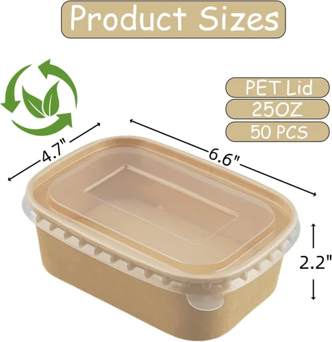 Miniatura 2 de Paquete de 50 recipientes de alimentos de papel kraft, cuencos de ensalada desechables de 25 onzas con tapas, cuencos de sopa rectangulares a prueba