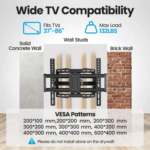 Miniatura 5 de Soporte de pared para TV de movimiento completo para soportes de TV de 37 a 86 pulgadas de hasta 132 libras y soporte de pared para TV