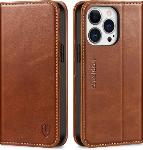 Miniatura 10 de SHIELDON Funda para iPhone 13 Pro 5G, funda de piel auténtica tipo cartera con bloqueo RFID, tarjetero de crédito, soporte magnético a prueba