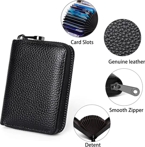 Miniatura 8 de Badiya Tarjetero de cuero genuino para mujer, con bloqueo RFID, acordeón, pequeña tarjetero