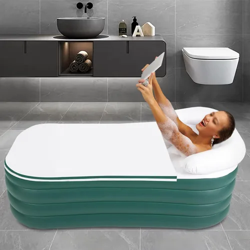 Miniatura 7 de Bañera inflable plegable para adultos – Bañera portátil de pie con bomba de aire eléctrica y tubo de drenaje, soporta 220 libras