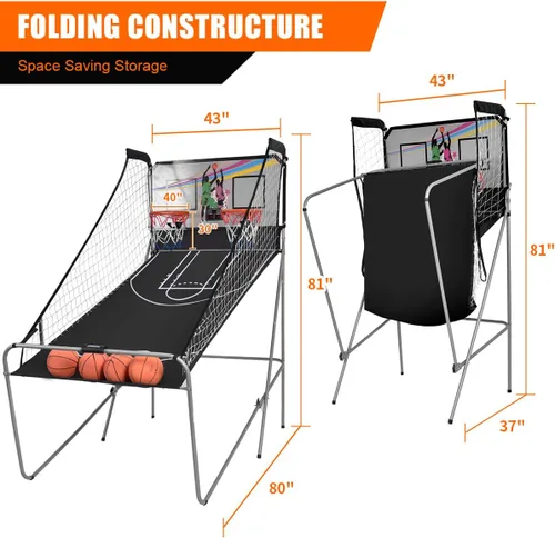 Miniatura 6 de Giantex Juego de Arcade de Baloncesto Plegable, 8 Opciones de Juego, Juego Electrónico de Tiro Doble para 2 Jugadores con 4 Bolas y Sistema de Blanco