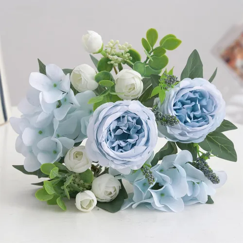 Miniatura 7 de 2 racimos de peonías artificiales, peonías pequeñas de seda azul, arreglos florales de hortensias falsas, centro de mesa, flores sintéticas