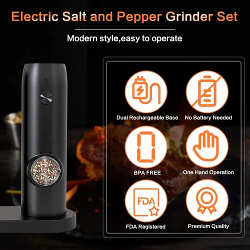 Miniatura 2 de Juego de molinillo eléctrico recargable de sal y pimienta, molinillo automático de sal y pimienta con luz LED, molinillo de sal y pimienta, grosor
