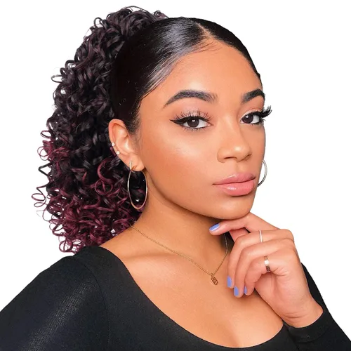 Miniatura 14 de PEACOCO Extensión de cola de caballo rizada con cordón para mujeres negras - Cola de caballo de 6 pulgadas con clip, postizo sintético de afro corto