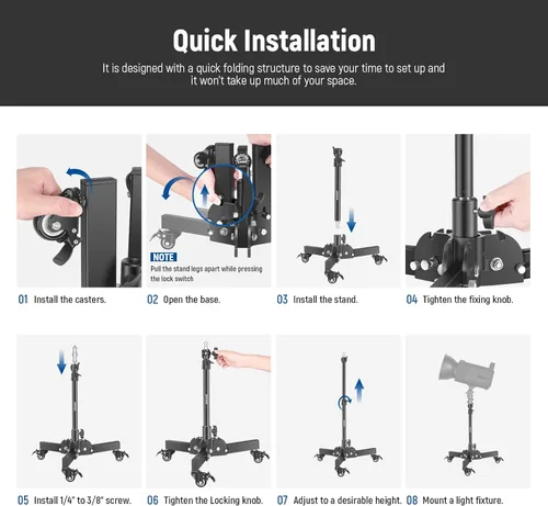 Miniatura 6 de NEEWER – Soporte de luz resistente con ruedas, 2.4 pies de altura máxima, soporte de trípode plegable para disparos de ángulo bajo/sobre mesa