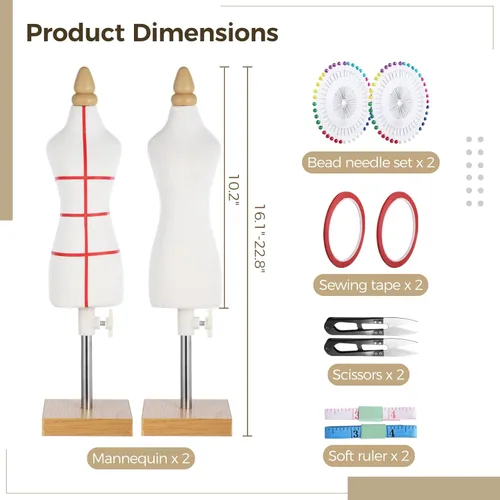 Miniatura 4 de Juego de 10 maniquíes de modista a sastre con agujas, parches de costura, cintas medidoras, forma de vestido de muñeca, tamaño 1/4, maniquí