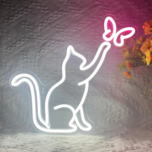 Miniatura 9 de Señales de neón de gato, señal de neón LED de gato y mariposa para decoración de pared, lindas luces de neón de gato, señal de luz de neón de arte