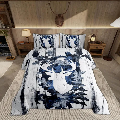 Feelyou Juego de ropa de cama de camuflaje de ciervos, tamaño individual, edredón de caza de ciervos para niños y niñas, astas de ciervo, juego de