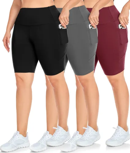 NEW YOUNG Paquete de 3 pantalones cortos de ciclismo de talla grande con bolsillos para mujer, pantalones cortos de entrenamiento de cintura alta