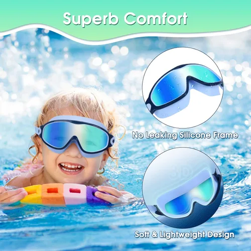 Miniatura 3 de EverSport Paquete de 2 gafas de natación para niños, gafas de natación antivaho para niñas y niños de 3 a 15 años Espejo morado y rosa