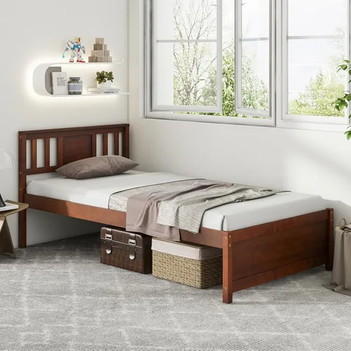 Miniatura 3 de Giantex Marco de cama individual con cabecero, cama de plataforma de madera maciza de mediados de siglo, cama de panel individual con soporte