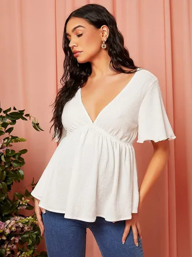 Miniatura 5 de OYOANGLE Blusa de maternidad con cuello en V profundo, manga corta, dobladillo con volantes, peplum