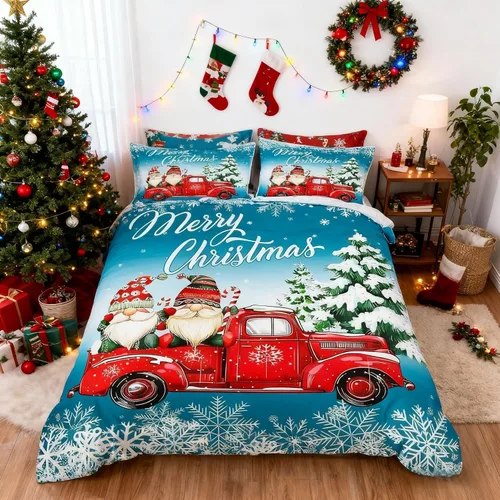 Miniatura 30 de Juego de funda de edredón para niños con diseño de Navidad, tamaño individual, camiones rojos y árboles de pino con copos de nieve, decoración