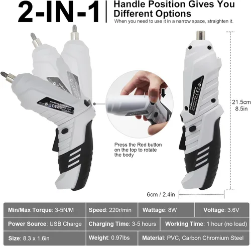 Miniatura 4 de Pequeño destornillador eléctrico, mini juego de taladros, destornillador inalámbrico recargable de 3.6 V con 47 puntas de controlador, herramienta