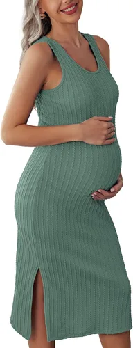 Ekouaer Vestido de maternidad para mujer, de punto acanalado, sin mangas, con abertura lateral, vestido ajustado para embarazo, tallas S-XXL