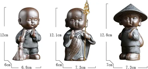 Miniatura 6 de KJYHXX Little Cute Monk - Figuras de cerámica – Adorables estatuas de monje de porcelana marrón (estilos de escoba/personal/bolsa) – Escritorio