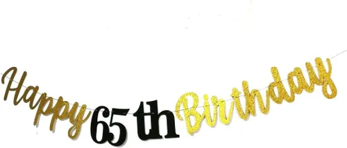 Miniatura 5 de Cartel de feliz cumpleaños 65 con letras negras con purpurina para colgar banderines para mujer o hombre de 65 años, suministros de decoración