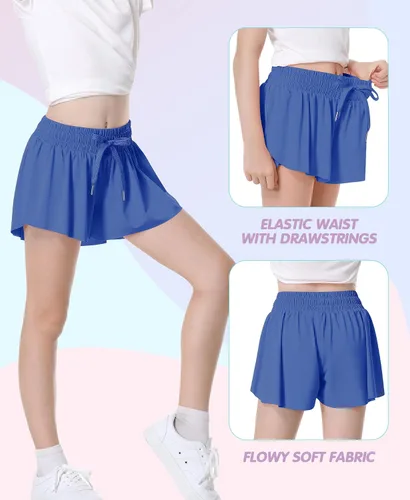 Miniatura 3 de QooNoo Girls Butterfly Shorts with Pocket Flowy Athletic Shorts High Waist Preppy Running Shorts for Kids Teen