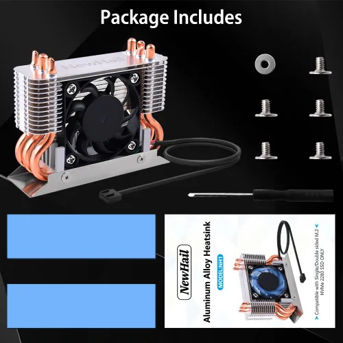 Miniatura 5 de Disipador de calor SSD M.2 2280 de 12 V con ventilador de enfriamiento PWM de 1.575 in, tubos de calor de cobre y almohadilla térmica, enfriador SSD