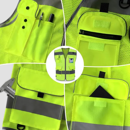 Miniatura 4 de TCCFCCT Chaleco de seguridad de malla para hombres y mujeres, chaleco de alta visibilidad con 9 bolsillos para seguridad, chaleco reflectante