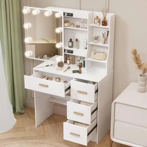 Miniatura 9 de Escritorio blanco cálido con espejo iluminado LED, mesa de tocador de maquillaje con armario izquierdo iluminado, 6 cajones y taburete, tocador