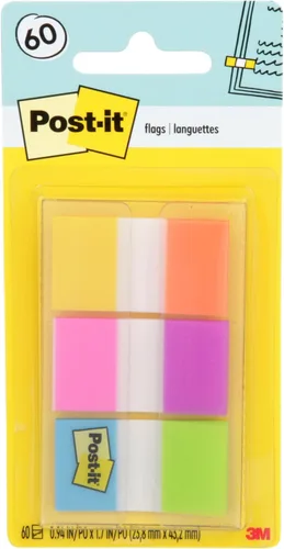 Post-it Banderas, 0.94 pulgadas x 1.7 pulgadas, un dispensador con 20 pestañas adhesivas en colores alternos (60 banderas en total), marcadores de