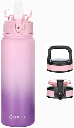 Miniatura 31 de Oldley Botella de Agua Aislada con Pajilla de 20oz, Botellas de Agua de Acero Inoxidable con 3 Tapas, Aislamiento al Vacío de Doble Pared Térmica