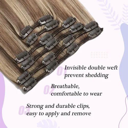 Miniatura 4 de Sindra Extensiones de cabello humano con clip, balayage #10/16/16 de color marrón dorado a rubio claro, extensiones de cabello humano Remy con clip