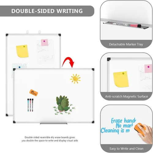 Miniatura 5 de XBoard Pizarra blanca magnética de borrado en seco de 24 x 18 pulgadas, pizarra blanca de doble cara para pared con bandeja de marcadores, tablero