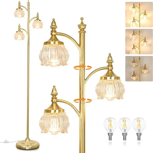Miniatura 13 de JUNNAI Lámpara de pie negra para sala de estar, lámpara de pie alta, regulable, con 3 luces giratorias, pantalla de cristal, lámpara de esquina Negro