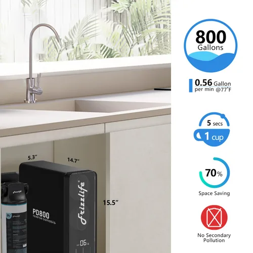Miniatura 4 de Frizzlife Filtro de Agua de Ósmosis Inversa de 800GPD, Estándar NSF/ASNI 58&53&42&372, Sistema de Ósmosis Inversa Alcalina Mineral pH+ Sin Tanque