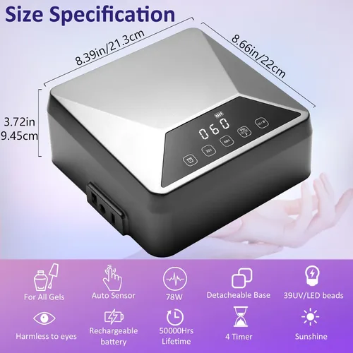 Miniatura 3 de Lámpara de uñas LED UV recargable de 78 W para uñas de gel, secadora de uñas inalámbrica con soporte telescópico oculto para manos y pies, batería
