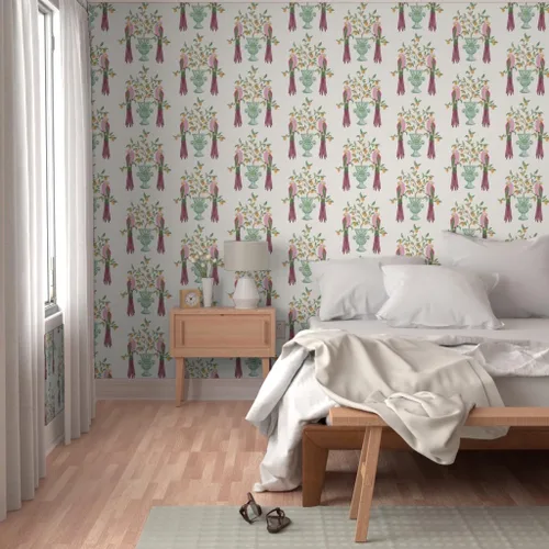 Miniatura 5 de Muestra de papel tapiz extraíble – Pájaros botánicos tropicales loro cítrico floral caprichoso vid hojas naranja limón italiano personalizado