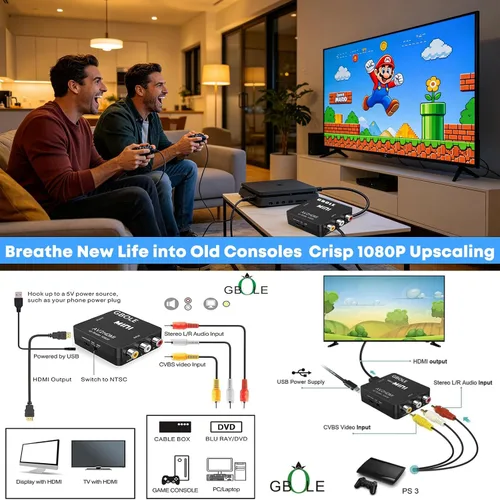 Miniatura 3 de RCA a HDMI AV a HDMI Convertidor 1080P Mini RCA compuesto CVBS AV a HDMI Video Audio Adaptador de Audio Compatible PAL NTSC con cable de carga USB