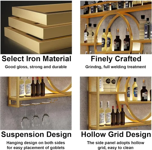 Miniatura 4 de Floating Wine Rack with Glass Holder and Heart Shaped Shelves Gold Wine Display Stand for Living Room or Wine Cellar Holds Liquor Bottles and Wine