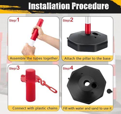 Miniatura 6 de Poste delineador con base, postes de delineador de tráfico, barrera de seguridad de tráfico con cadena de plástico de 5 pies, conos de delineador