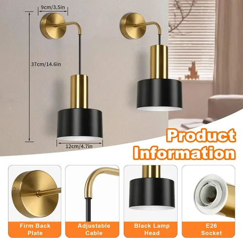 Miniatura 6 de VerRon Juego de 2 apliques de pared a pilas, luces de pared inalámbricas con control remoto, lámparas de pared regulables negras y doradas con Negro