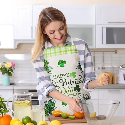 Miniatura 7 de Whaline Delantales del día de San Patricio, delantales de cocina ajustables con trébol de acuarela, delantales de cocina de trébol verde